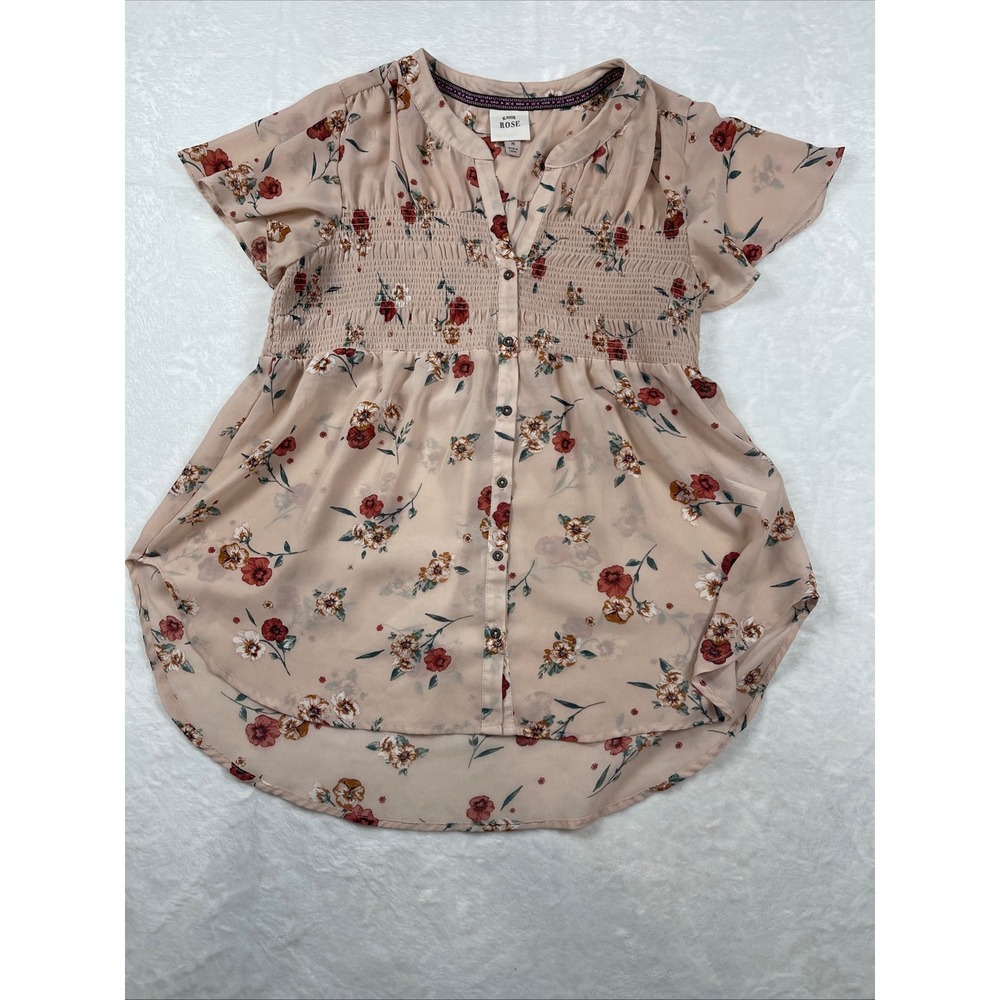Knox Rose Womens Floral‎ Smocked Button Front High Low Blouse Pink M Cottagecore